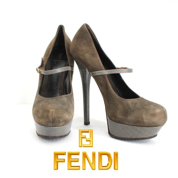 Fendi Olive Suede Croc Platform Pumps Sz 40 Ankle Strap Mary Jane Stiletto Heels - Picture 1 of 14